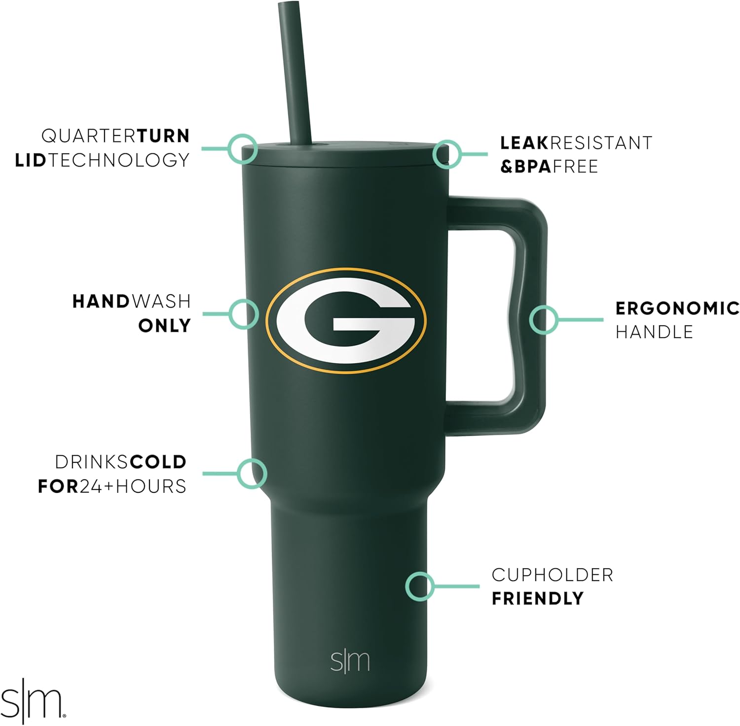 Simple Modern Officially Licensed NFL Green Bay Packers 40oz Tumbler with Handle and Straw Lid | Football Insulated Cup Stainless Steel | Gifts for Men, Women | Trek Collection | Green Bay Packers - Image 2