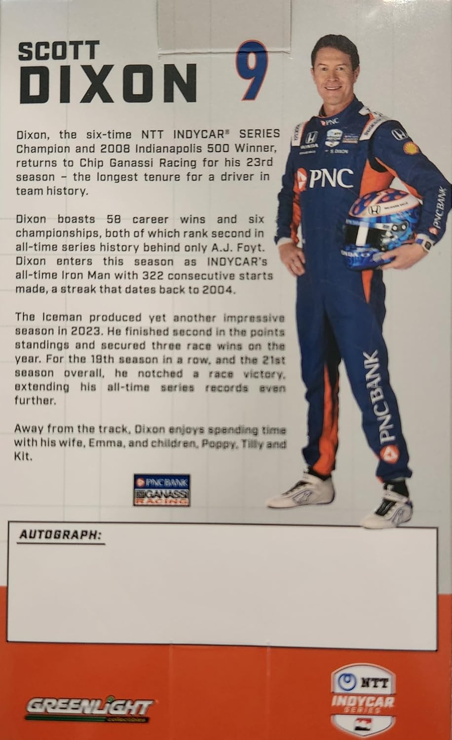 Greenlight 11305#9 Scott Dixon/Chip Ganassi Racing, PNC Bank Driver Figure 1:18 Scale - Image 4