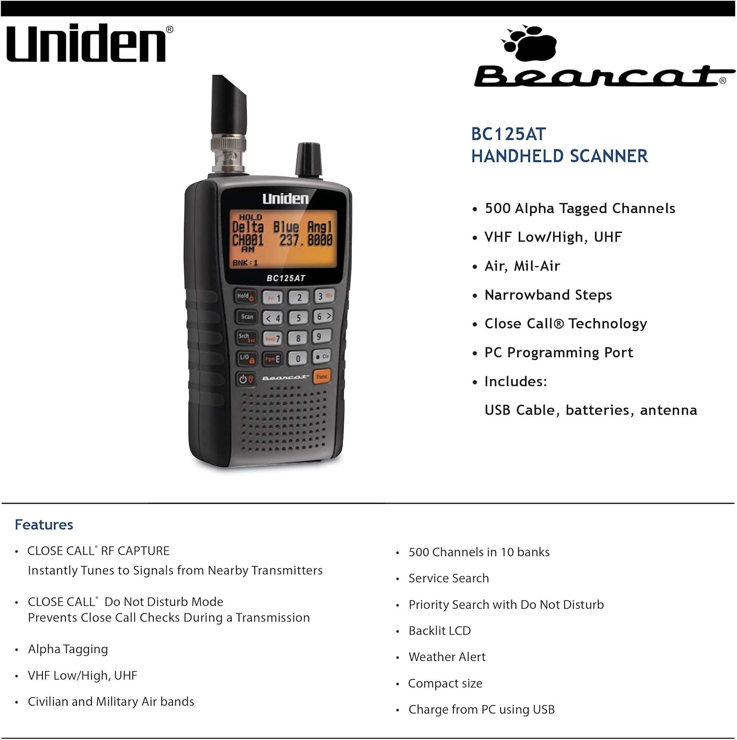 Uniden Bearcat BC125AT Handheld Scanner, 500-Alpha-Tagged Channels, Close Call Technology, PC Programable, Aviation, Marine, Railroad, NASCAR, Racing, and Non-Digital Police/Fire/Public Safety. - Image 3