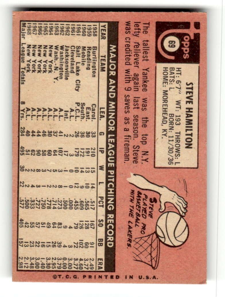 1969 Topps (EXMT) #69 Steve Hamilton New York Yankees MLB Vintage Baseball Trading Card - Image 2