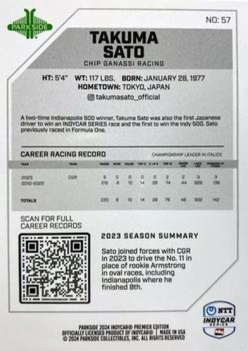 2024 Parkside INDYCAR Collection Vol. 1#57 Takuma Sato Driver Official Card in Raw (NM or Better) Condition - Image 2