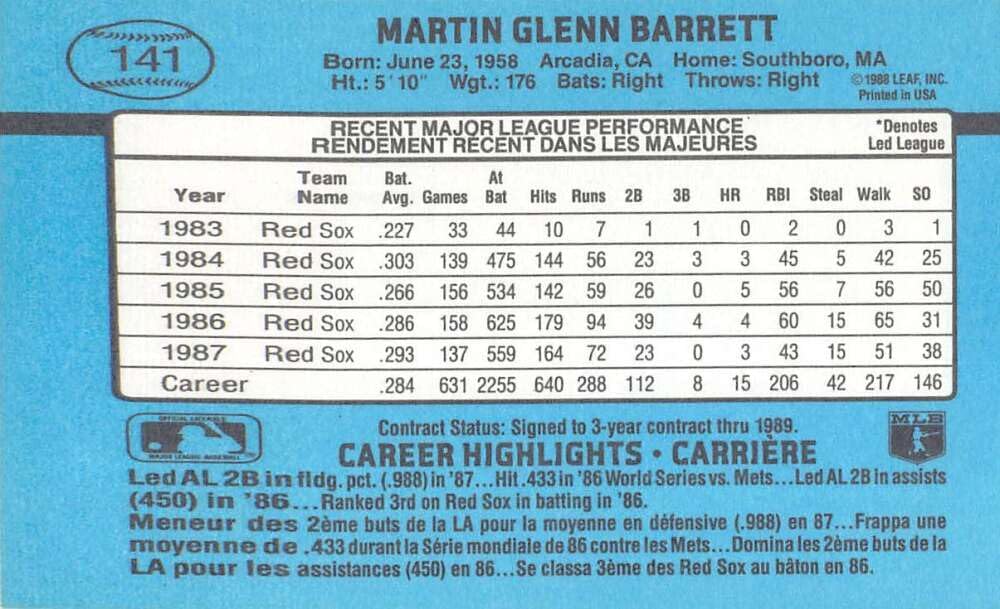 1988 Leaf #141 Marty Barrett Boston Red Sox Official Baseball Card in Raw (NM or Better) Condition - Image 2