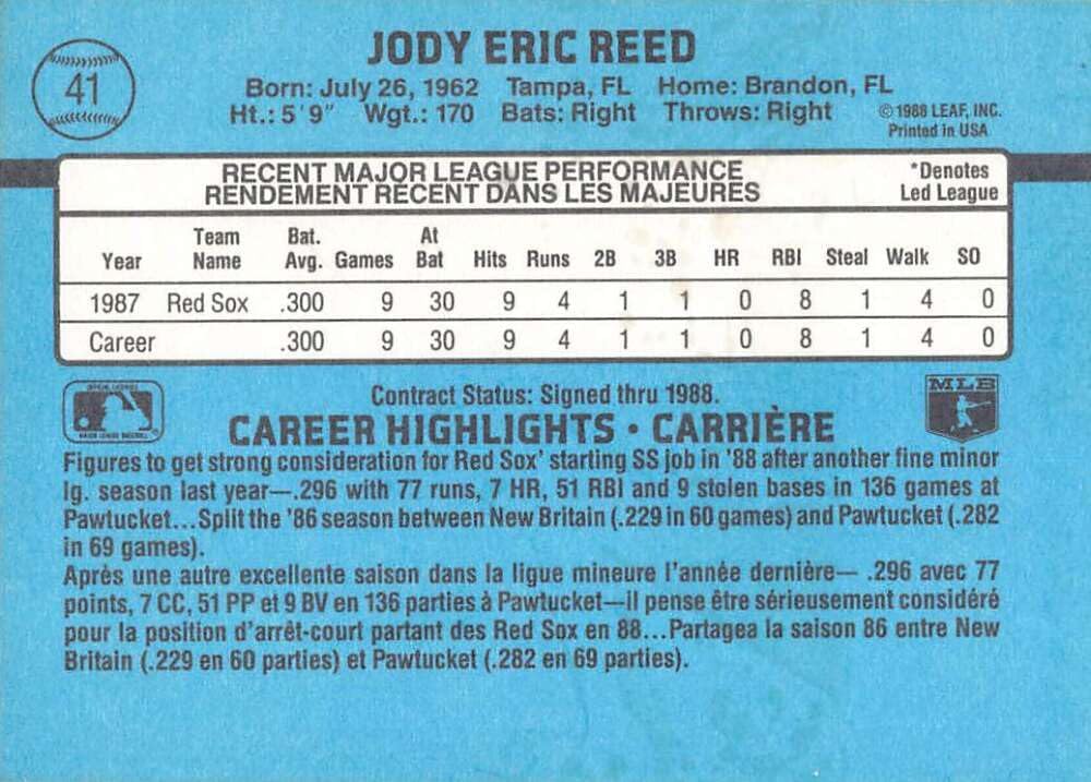 1988 Leaf #41 Jody Reed Boston Red Sox Official Baseball Card in Raw (NM or Better) Condition - Image 2