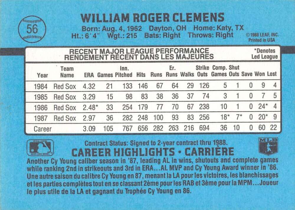 1988 Leaf #56 Roger Clemens Boston Red Sox Official Baseball Card in Raw (NM or Better) Condition - Image 2