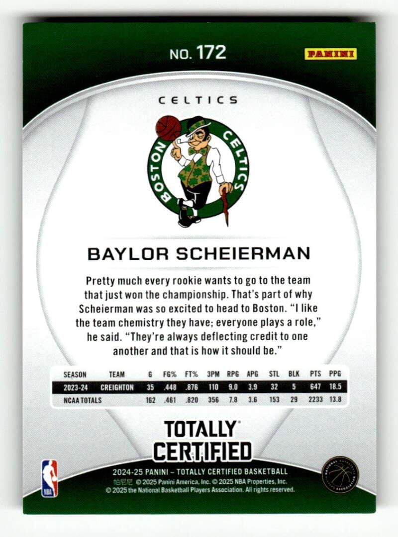 2024-25 Panini Totally Certified #172 Baylor Scheierman RC Rookie Boston Celtics NBA Basketball Base Trading Card - Image 2