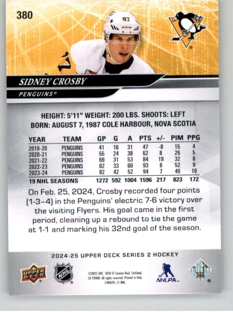 2024-25 Upper Deck Series Two #380 Sidney Crosby Pittsburgh Penguins Official Hockey Card in Raw (NM or Better) Condition - Image 2