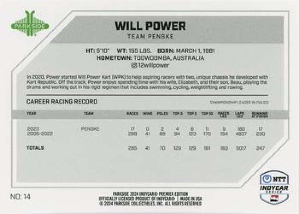 2024 Parkside INDYCAR Collection Vol. 1#14 Will Power Car Official Card in Raw (NM or Better) Condition - Image 2