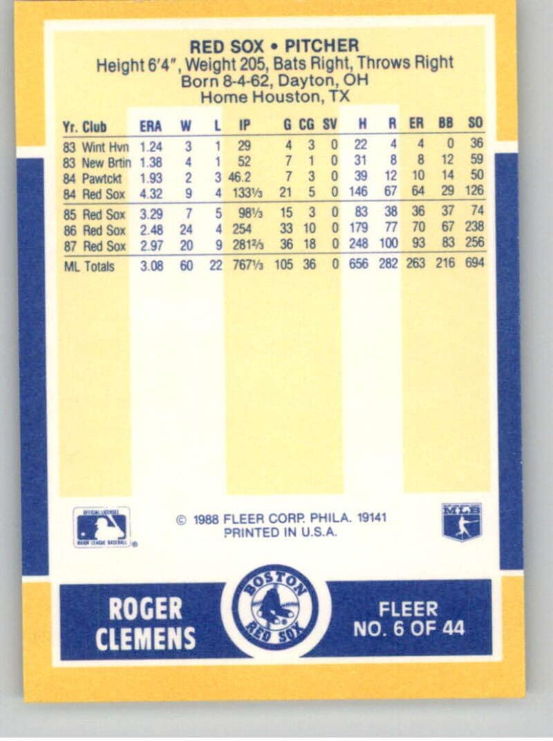 1988 Fleer Baseball MVP's #6 Roger Clemens Boston Red Sox Official Baseball Card in Raw (EX or Better) Condition - Image 2