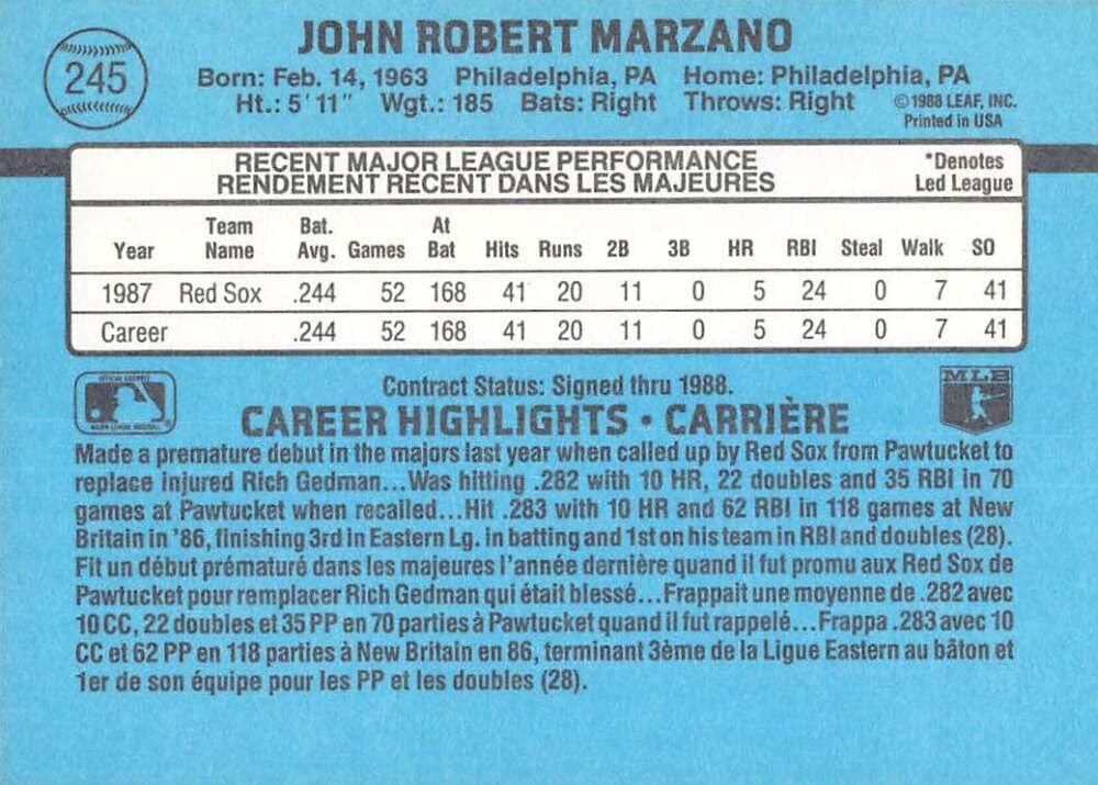 1988 Leaf #245 John Marzano Boston Red Sox Official Baseball Card in Raw (NM or Better) Condition - Image 2