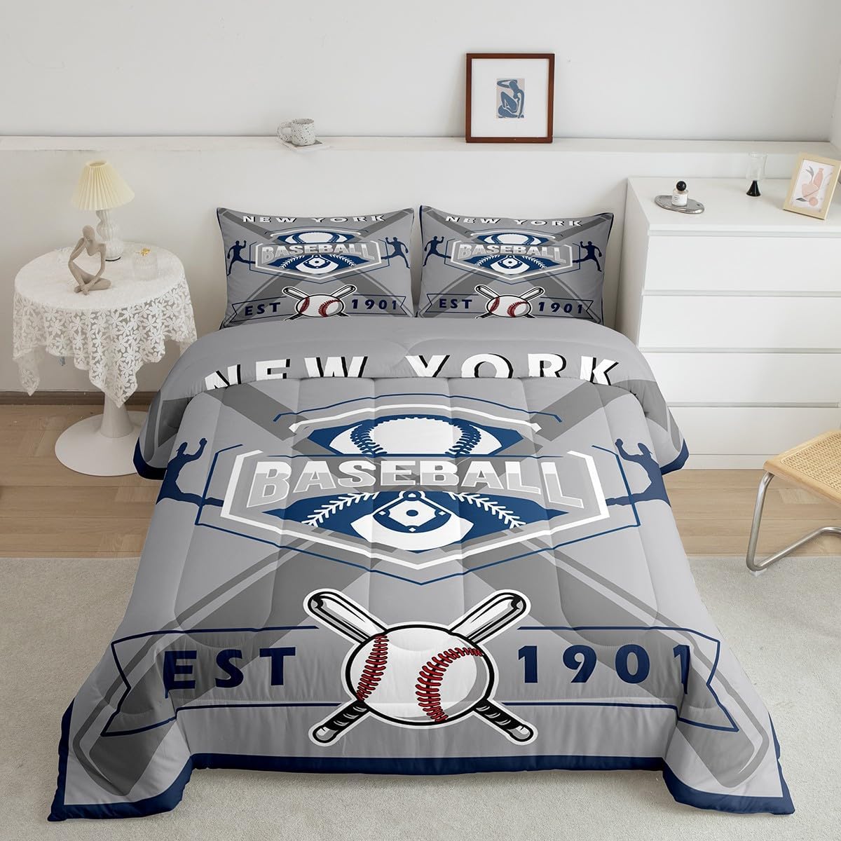 Erosebridal Baseball Full Bedding Set for Kids, Baseball Lovers Comforter Set Sports Game Quilt Comforter Sets with 2 Pillowcases, New York Yankees Theme - Image 3