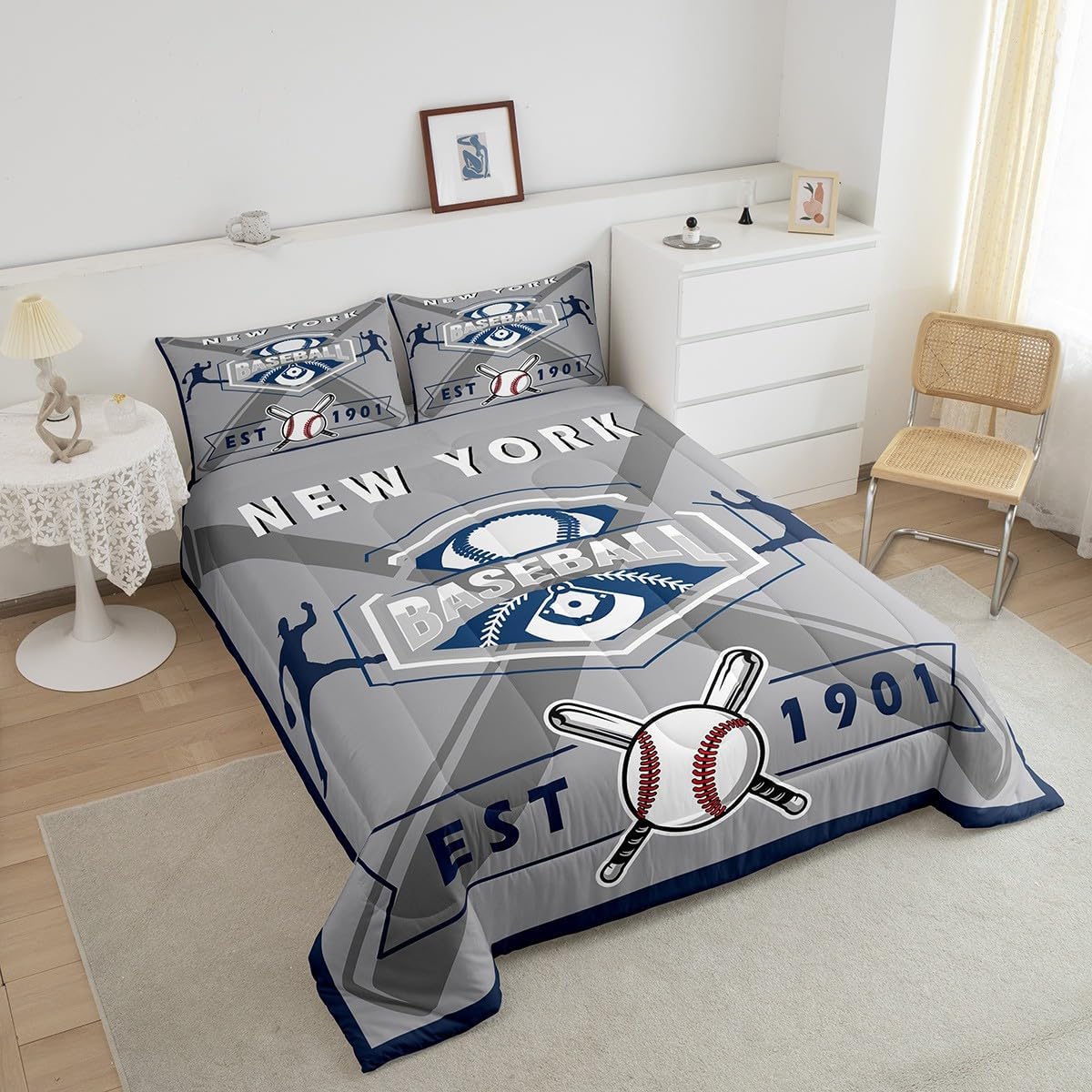 Erosebridal Baseball Full Bedding Set for Kids, Baseball Lovers Comforter Set Sports Game Quilt Comforter Sets with 2 Pillowcases, New York Yankees Theme - Image 5