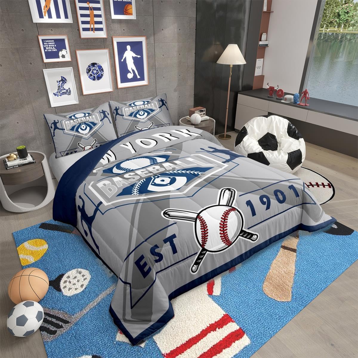 Erosebridal Baseball Full Bedding Set for Kids, Baseball Lovers Comforter Set Sports Game Quilt Comforter Sets with 2 Pillowcases, New York Yankees Theme - Image 2